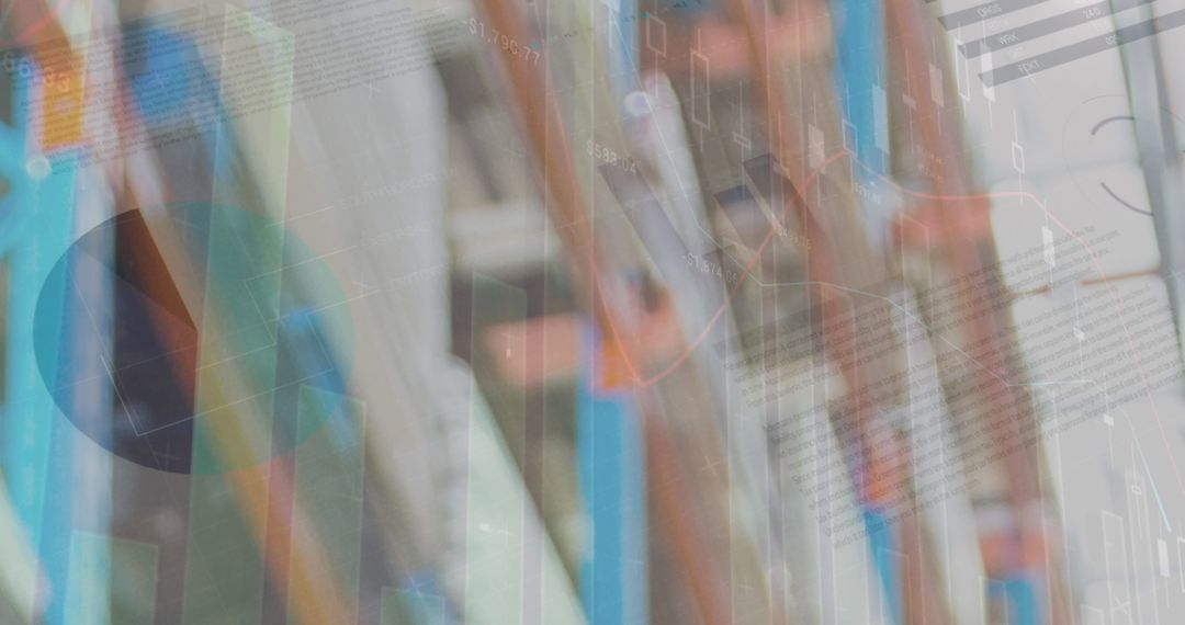 Financial Data Overlay on Warehouse Background Symbolizing Technology and Logistics