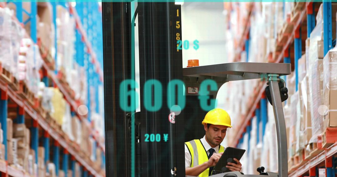 Warehouse operator checking tablet on forklift with data overlays in fulfillment center