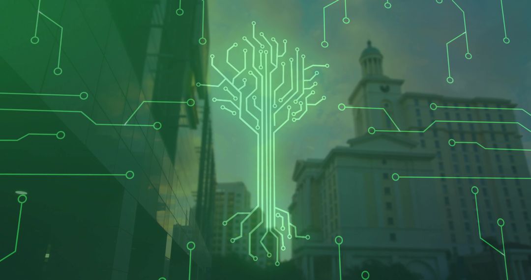 Futuristic Tech Tree over Urban Skyline with Circuit Overlay
