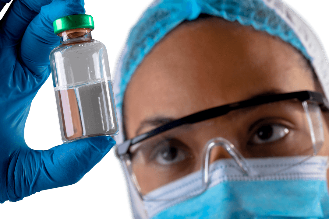 Female Scientist Holding Vaccine in Clear Bottle on Transparent Background