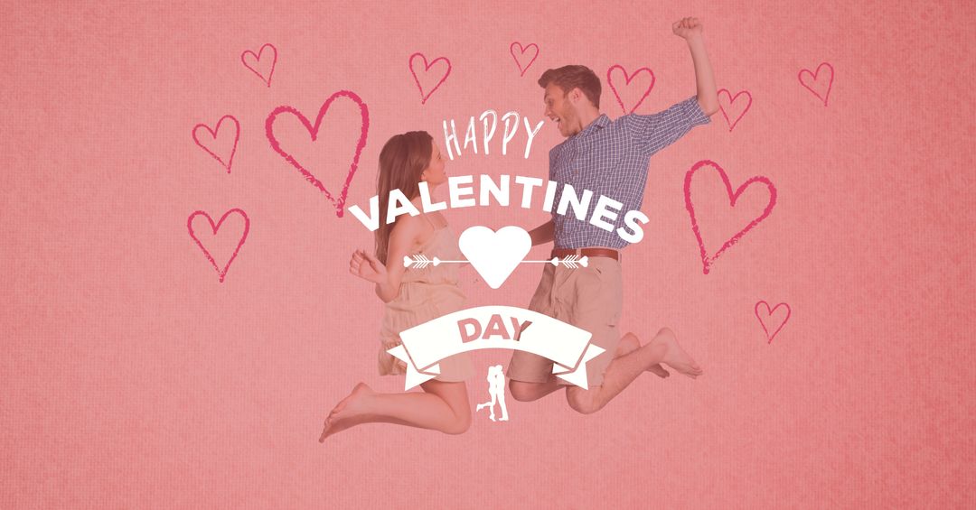 Joyful Couple Celebrating Valentine's Day with Hearts Decoration