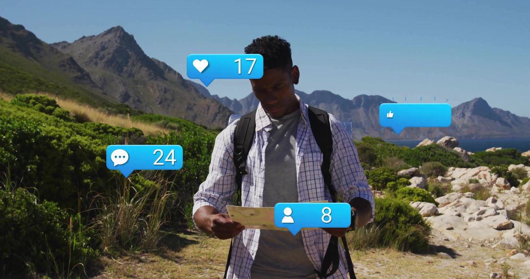 Solo Hiker Navigating Coastal Trail with Social Media Icons