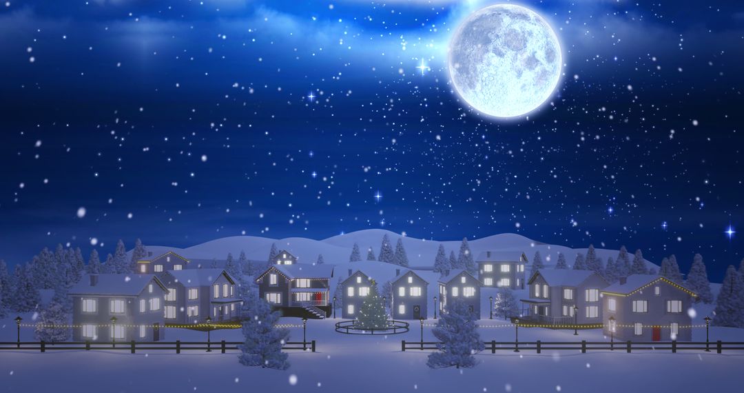 Snowy Night Scene with Illuminated Houses under Full Moon