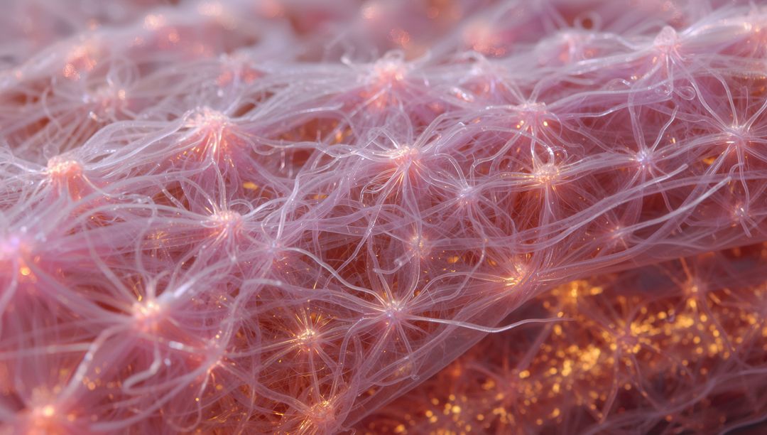 Glittering Translucent Filament Network with Star-Shaped Nodes and Golden Flecks