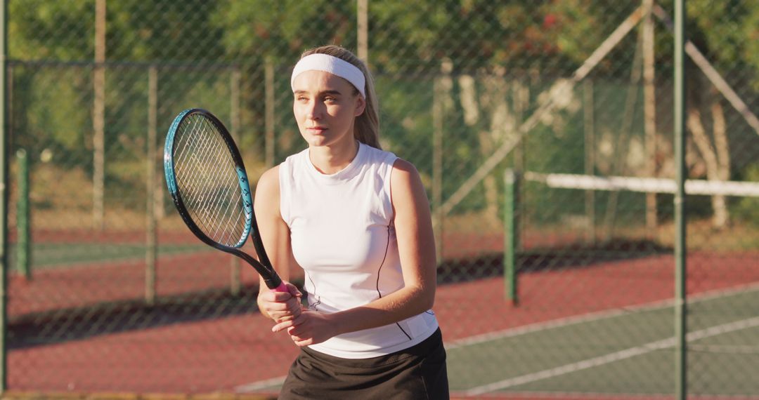 Image of focused caucasian female tennis player holding racket and hitting ball - Free Images, Stock Photos and Pictures on Pikwizard.com
