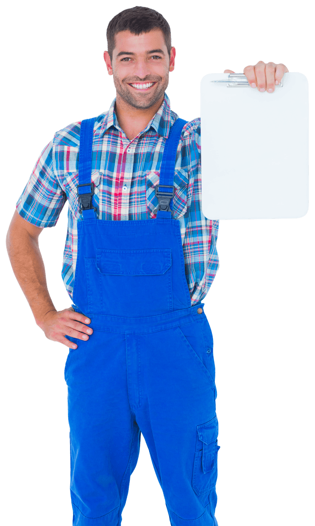 Smiling Repairman Holding Blank Clipboard