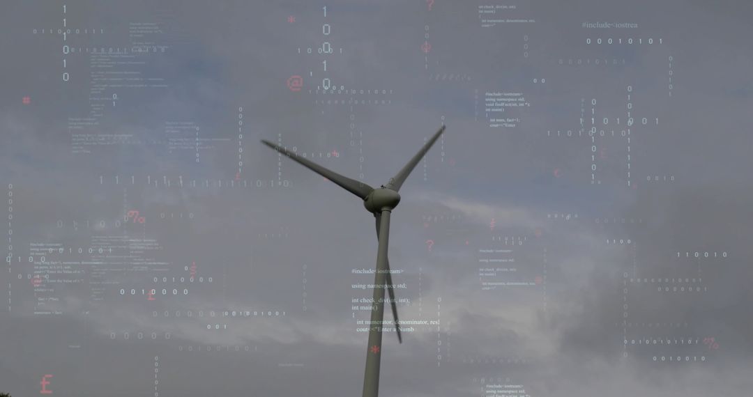 Wind Turbine Generating Renewable Energy with Futuristic Digital Data Overlay