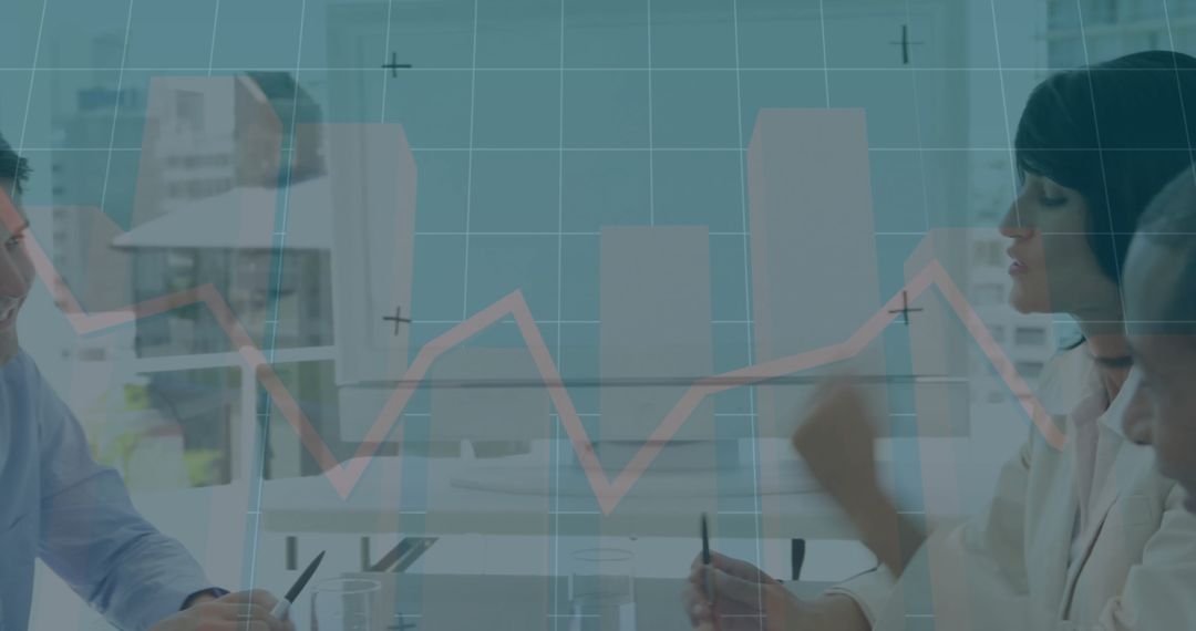 Business Team Analyzing Graph with Financial Overlay in Office