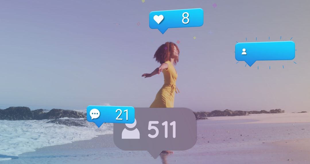 Woman Enjoying Beach with Social Media Concept Icons