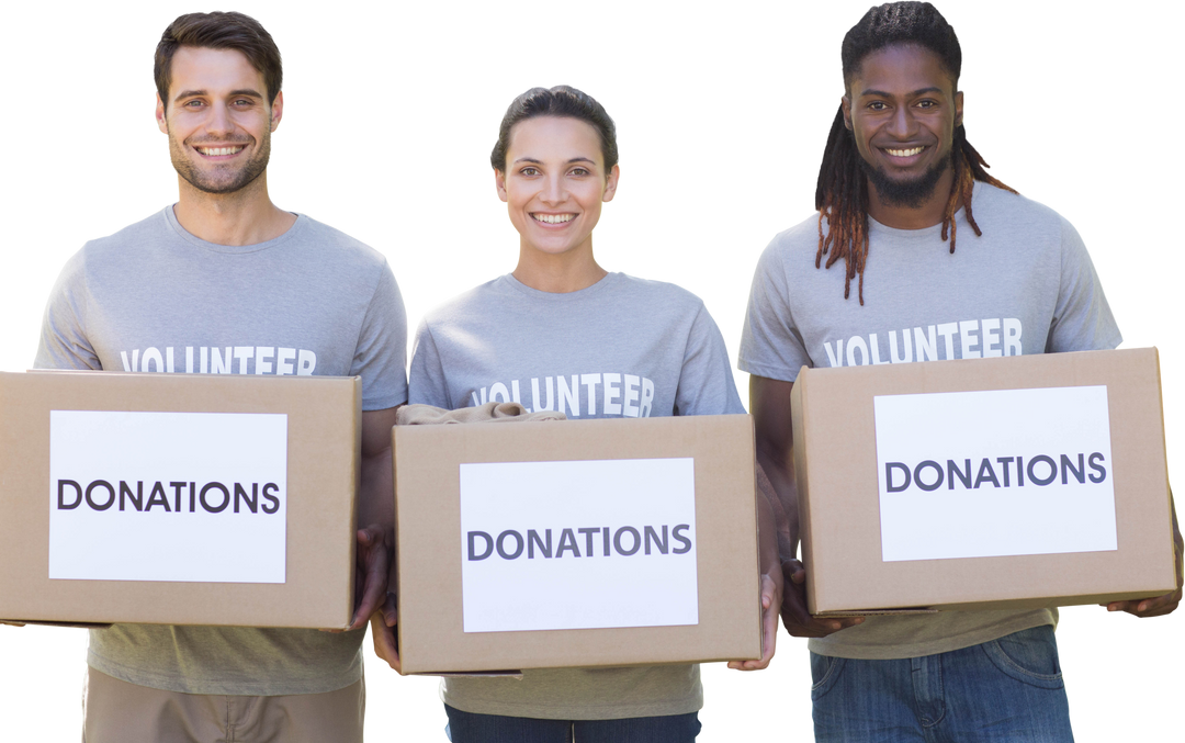 Transparent Image of Happy Volunteers Holding Donation Boxes Outdoors - Download Free Stock Images Pikwizard.com