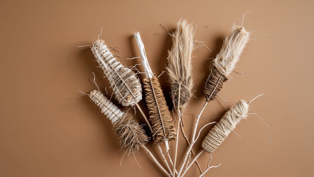 Decorative Dried Cattail Stems on Tan Background in Minimalist Layout
