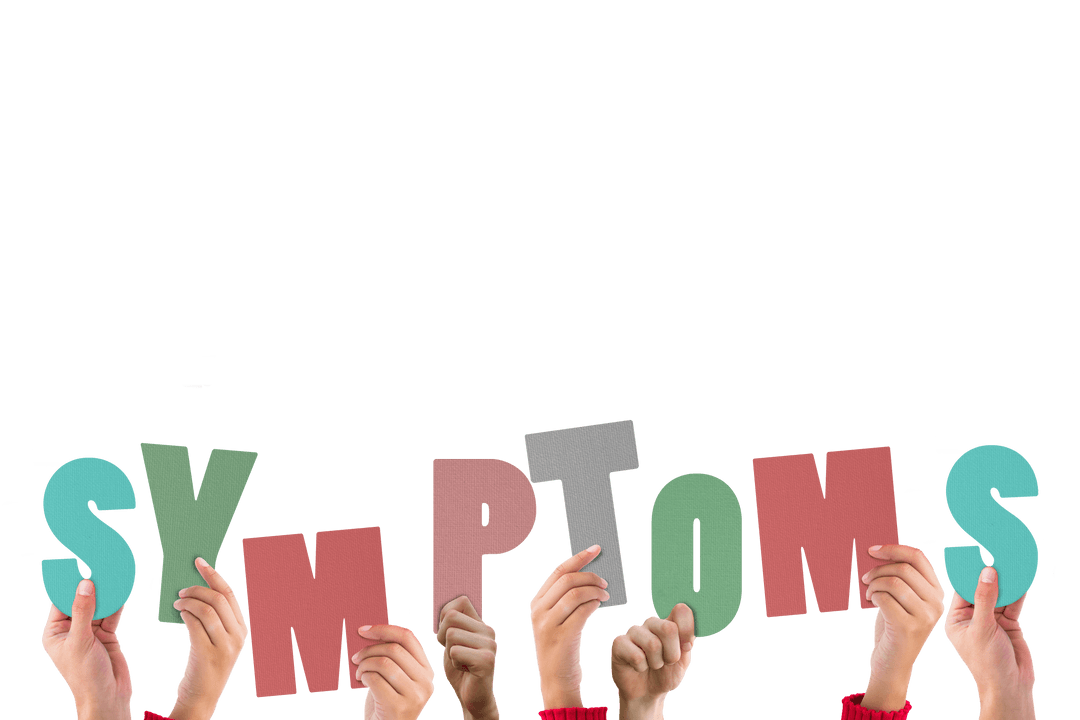 Hands Raising Colorful Symptoms Lettering on Transparent Background