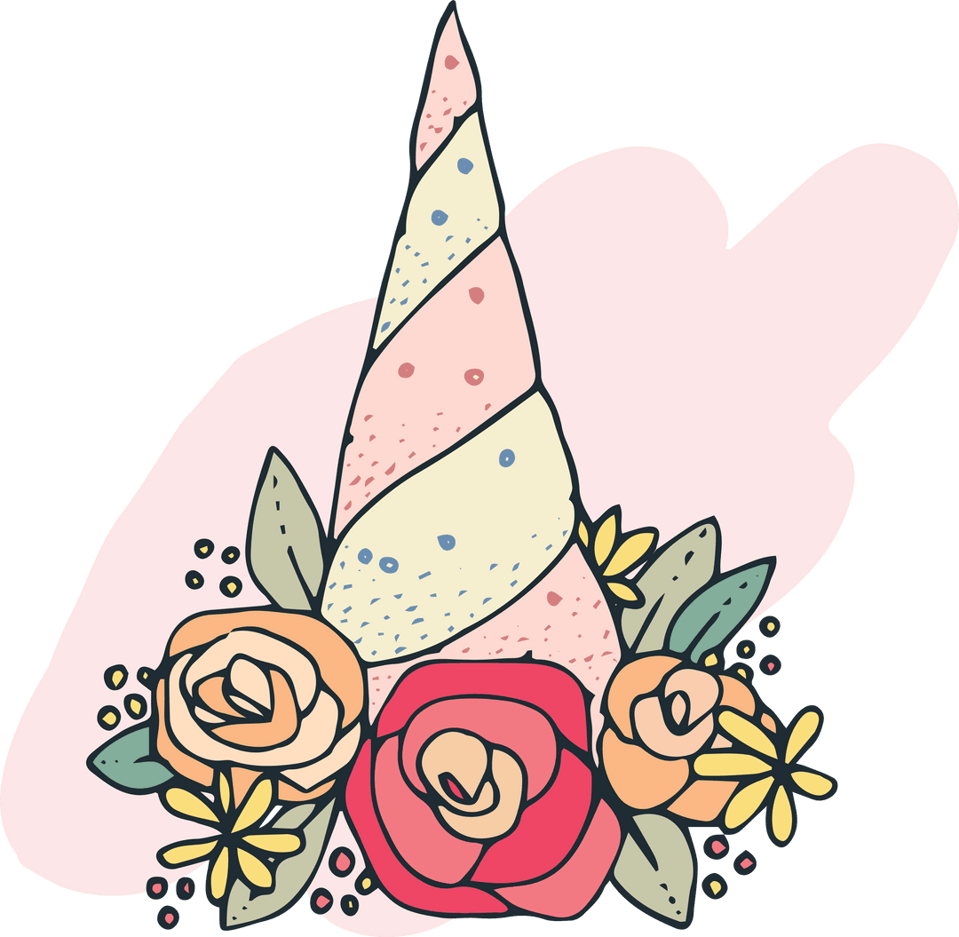 Transparent Floral Unicorn Horn with Roses and Foliage