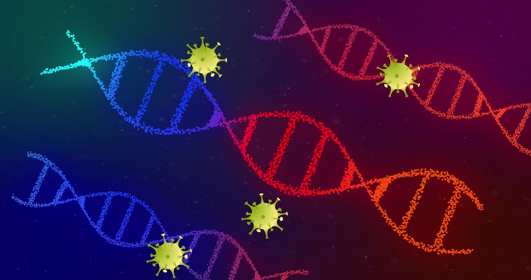 Digital DNA Helix with Green Viruses on Dark Futuristic Background