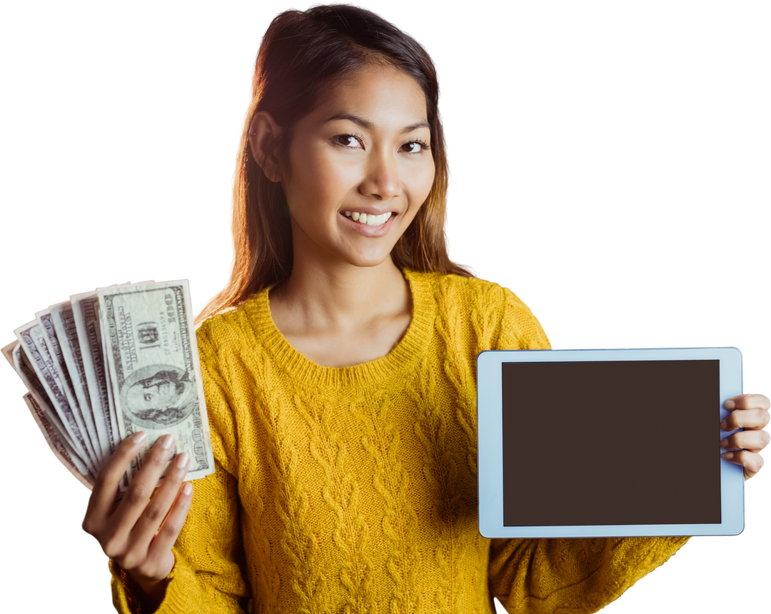 Smiling Woman Holding Tablet and Banknotes on Transparent Background - Download Free Stock Images Pikwizard.com