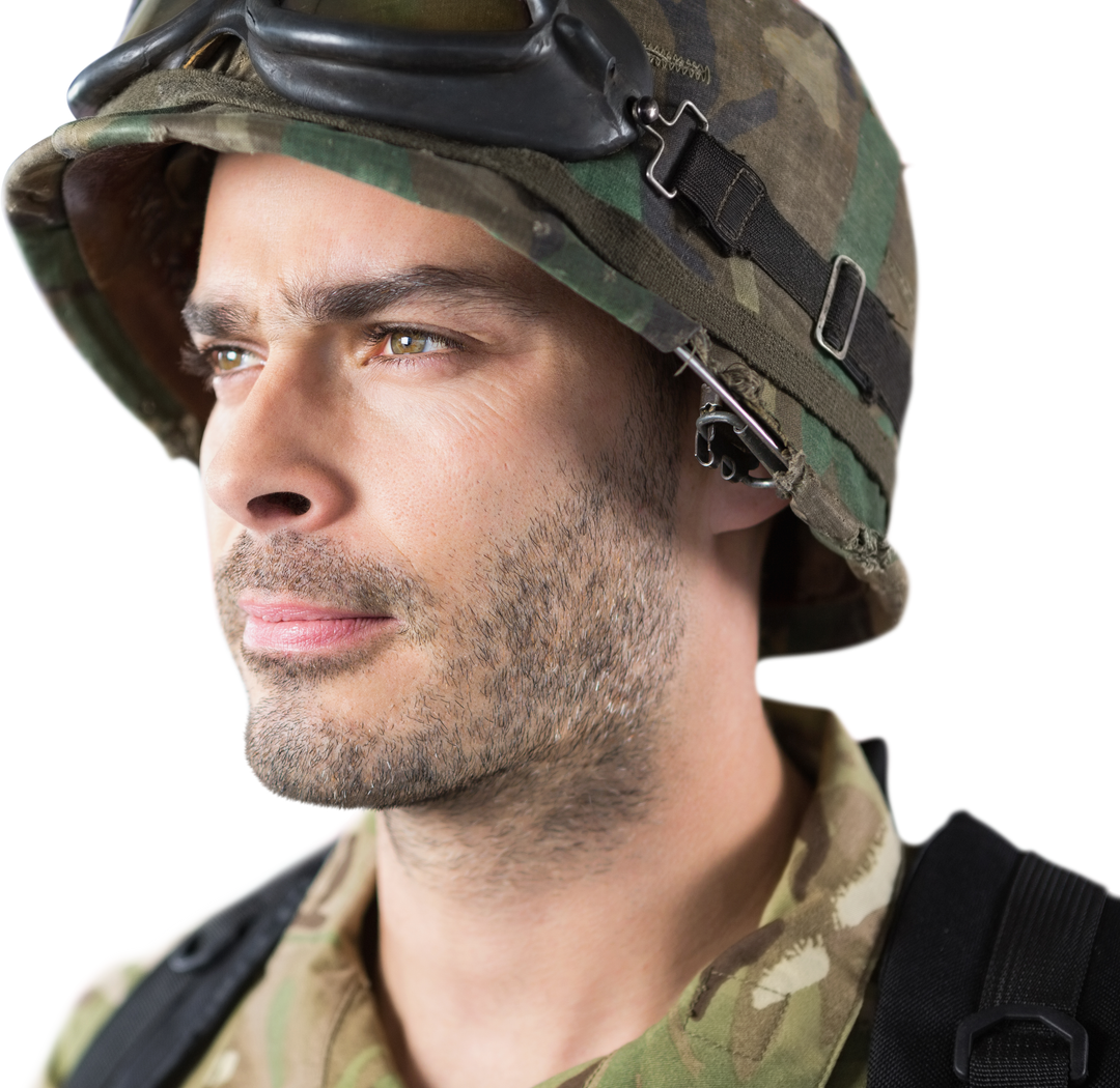 Close-up of Military Soldier in Camouflage Helmet with Transparent Background - Download Free Stock Images Pikwizard.com