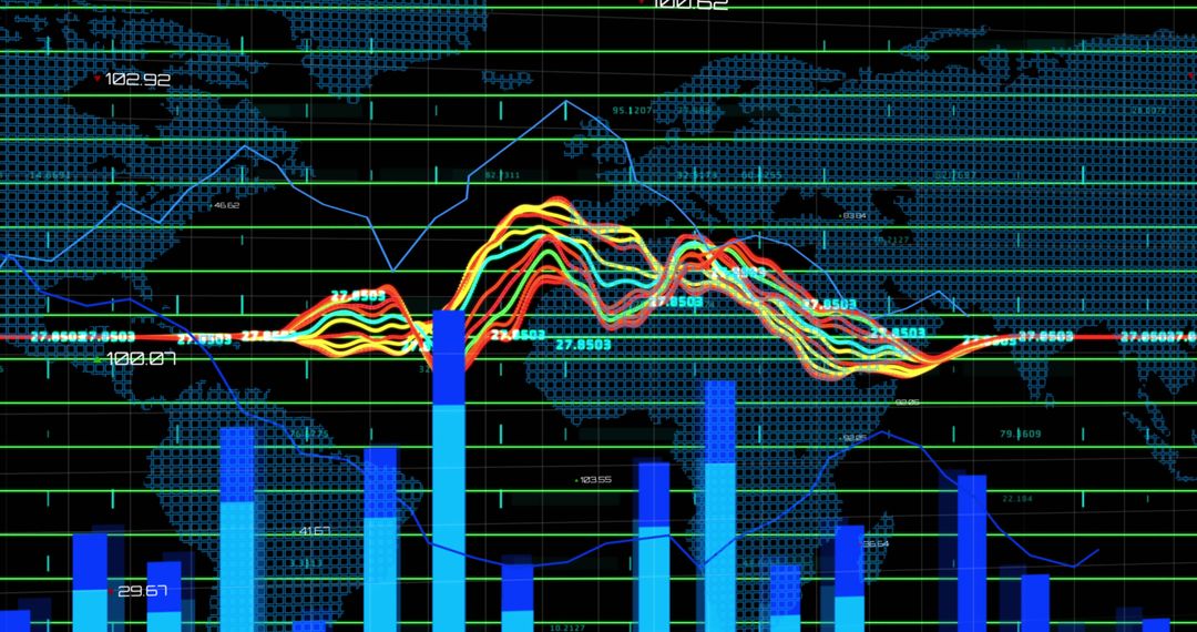 Global financial data processing with graphs and charts overlay