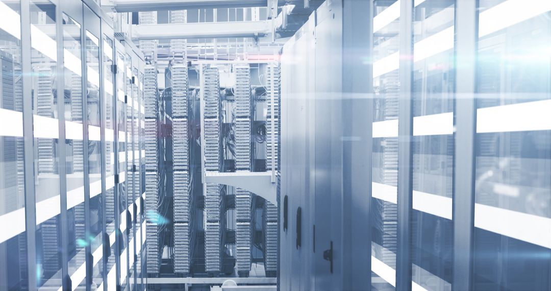 Futuristic Server Room with Flowing Digital Information and Light Trails