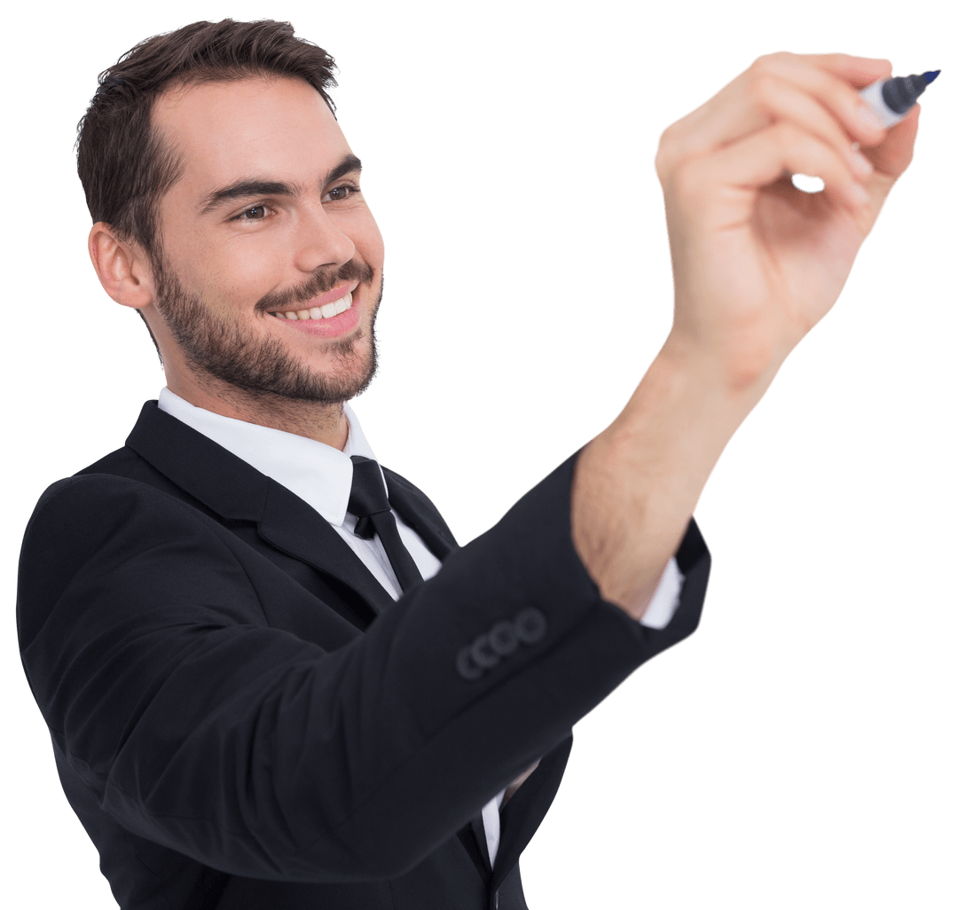 Transparent Background: Smiling Businessman Writing with Marker