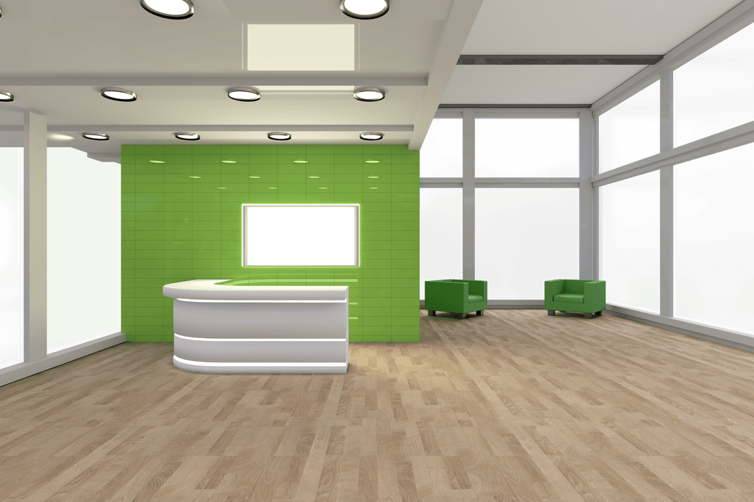 Transparent Office Interior with Green Walls and Reception Desk