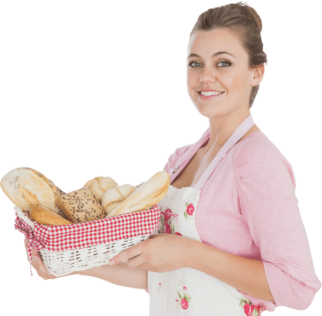Smiling Woman Holding Basket of Fresh Bread on Transparent Background