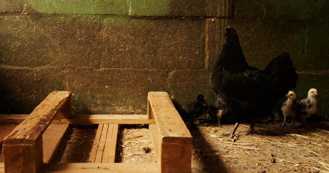 Black Hen Protecting Chicks in Rustic Barn Environment