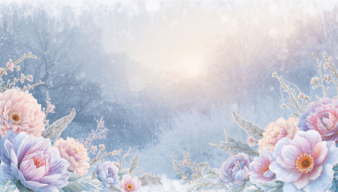Pastel Peony and Rose Border Blooming at Frosted Dawn with Soft Bokeh Glow Winter Meadow