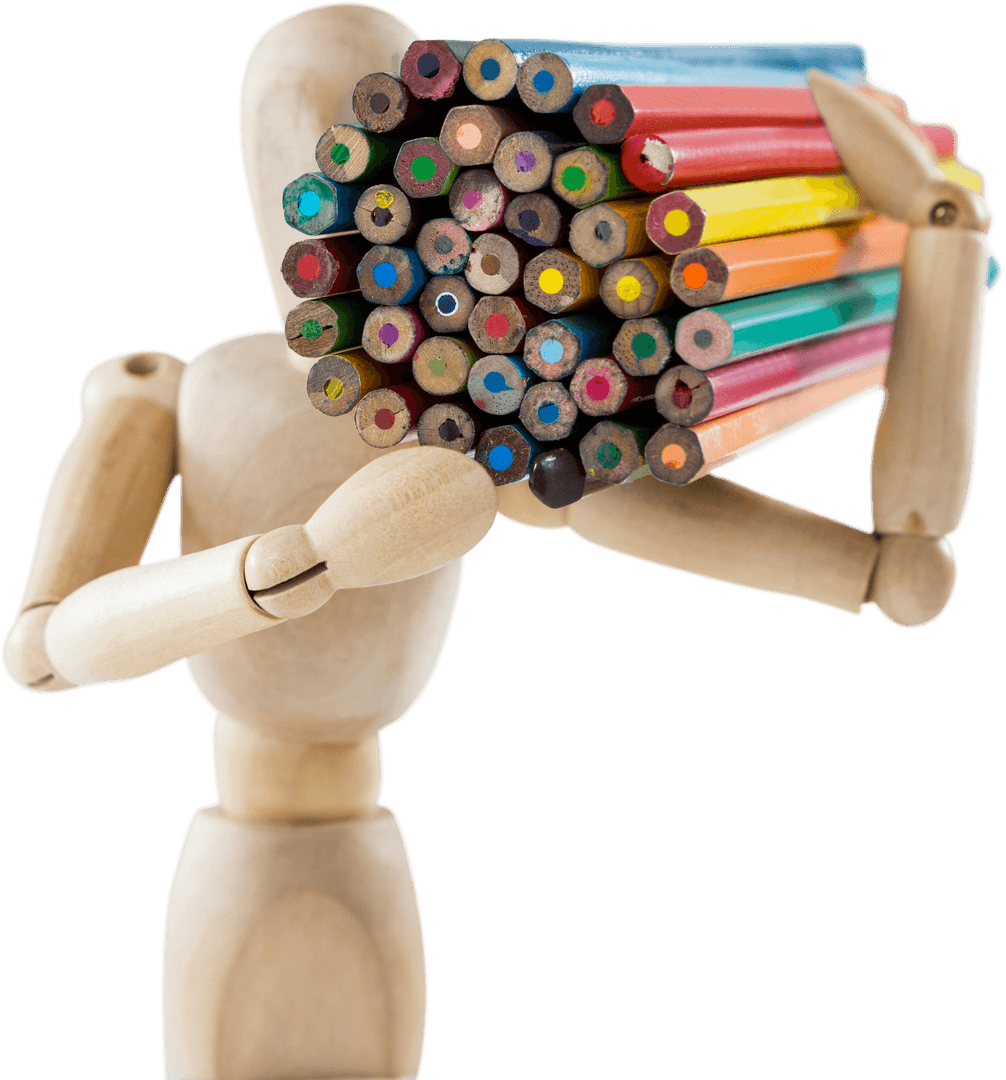 Wooden Figure Holding Colorful Pencils Transparent Background