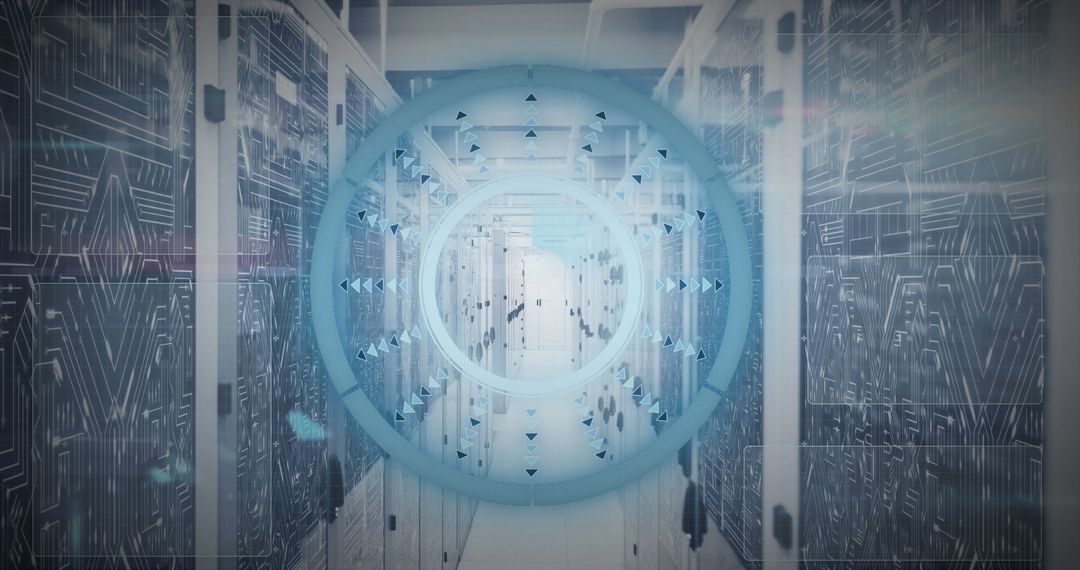 Futuristic Data Center Server Network with Digital Interface Overlay