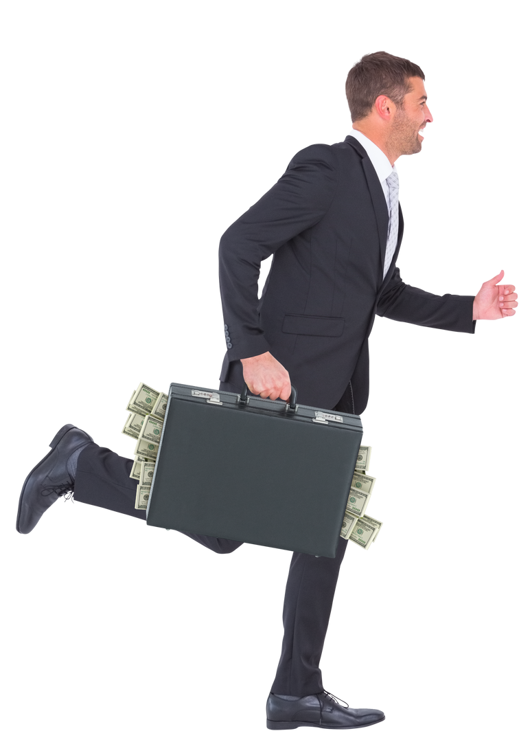 Happy Businessman Running with Money-Filled Briefcase on Transparent Background - Download Free Stock Images Pikwizard.com