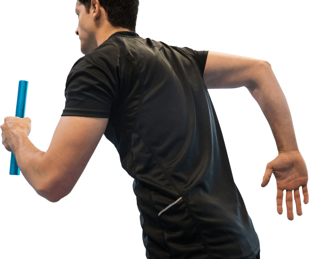 Transparent Rear View of Athlete Running with Baton in Black Attire