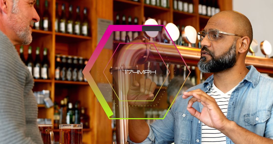 Diverse Friends Gathering at a Bar with Digital Elements