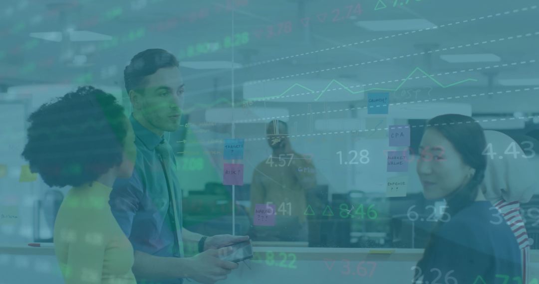 Diverse Team Collaborating with Financial Data Projection Overlay