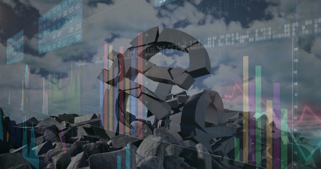 Shattered Currency Symbol in Rocky Terrain with Floating Bar Charts