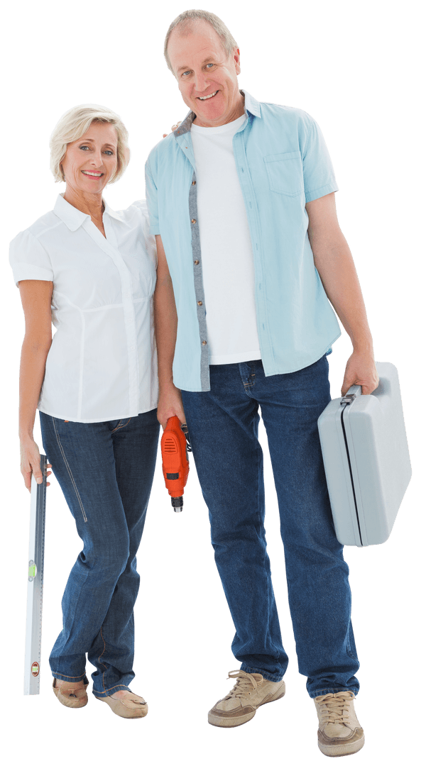Senior Couple Happily Holding DIY Tools on Transparent Background