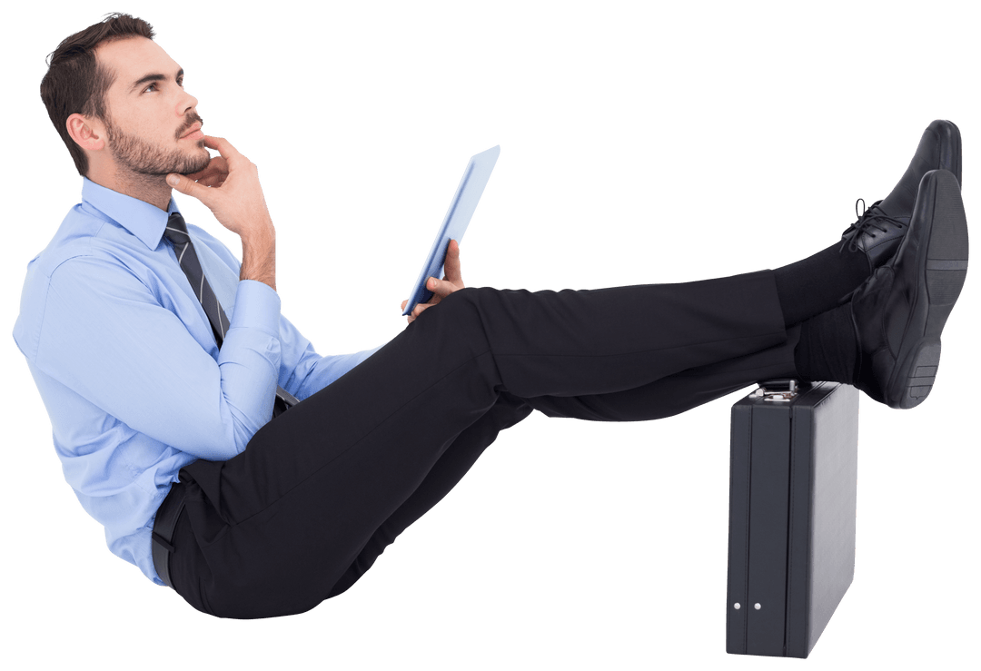 Transparent Businessman Thinking with Feet on Briefcase