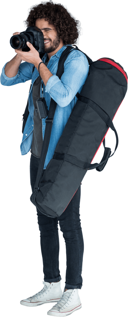 Smiling Male Photographer with Camera and Tripod Bag Transparent