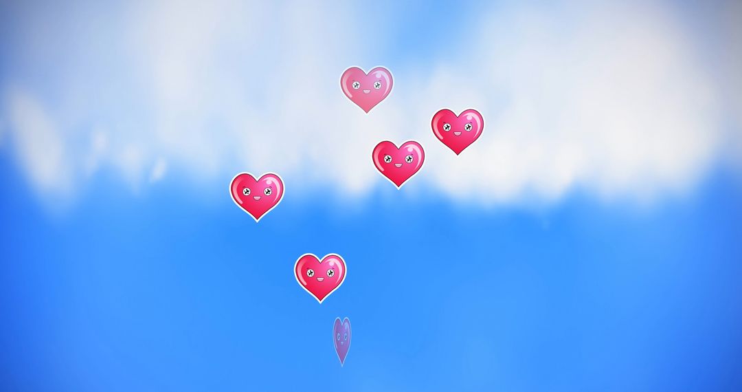 Happy Heart Balloons Floating in Blue Sky and White Clouds