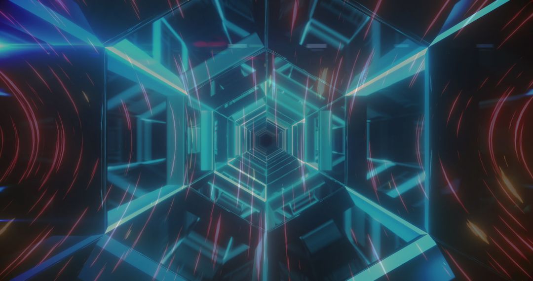 Futuristic Tunnel with Neon Light Trails and Geometric Patterns