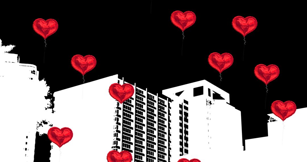 Heart-Shaped Balloons Floating Above Cityscape