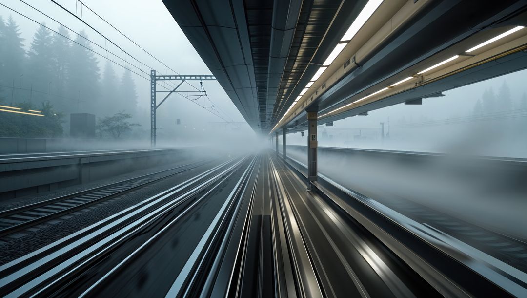 Foggy railway platform with converging steel tracks, streamline design