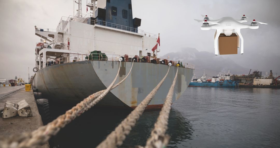 Drone Logistics Concept with Cargo Ship at Busy Port