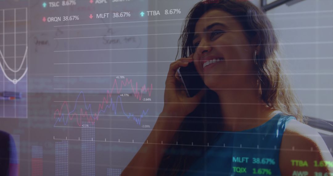 Smiling Businesswoman Analyzing Financial Data with Smartphone