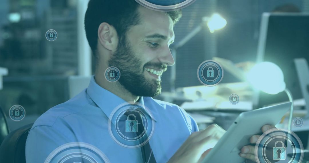 Man Using Smartphone with Digital Security Icons in Office