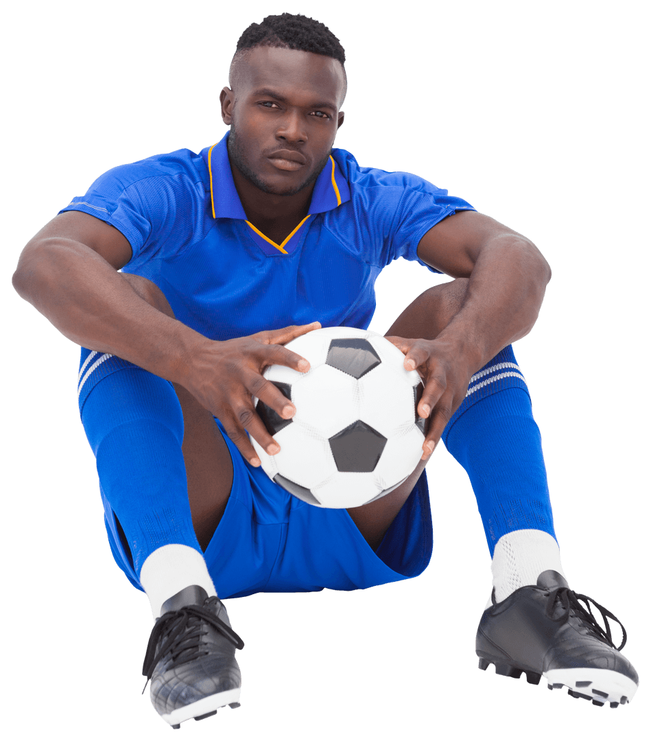 Transparent Focused Football Player Sitting with Ball in Blue Jersey