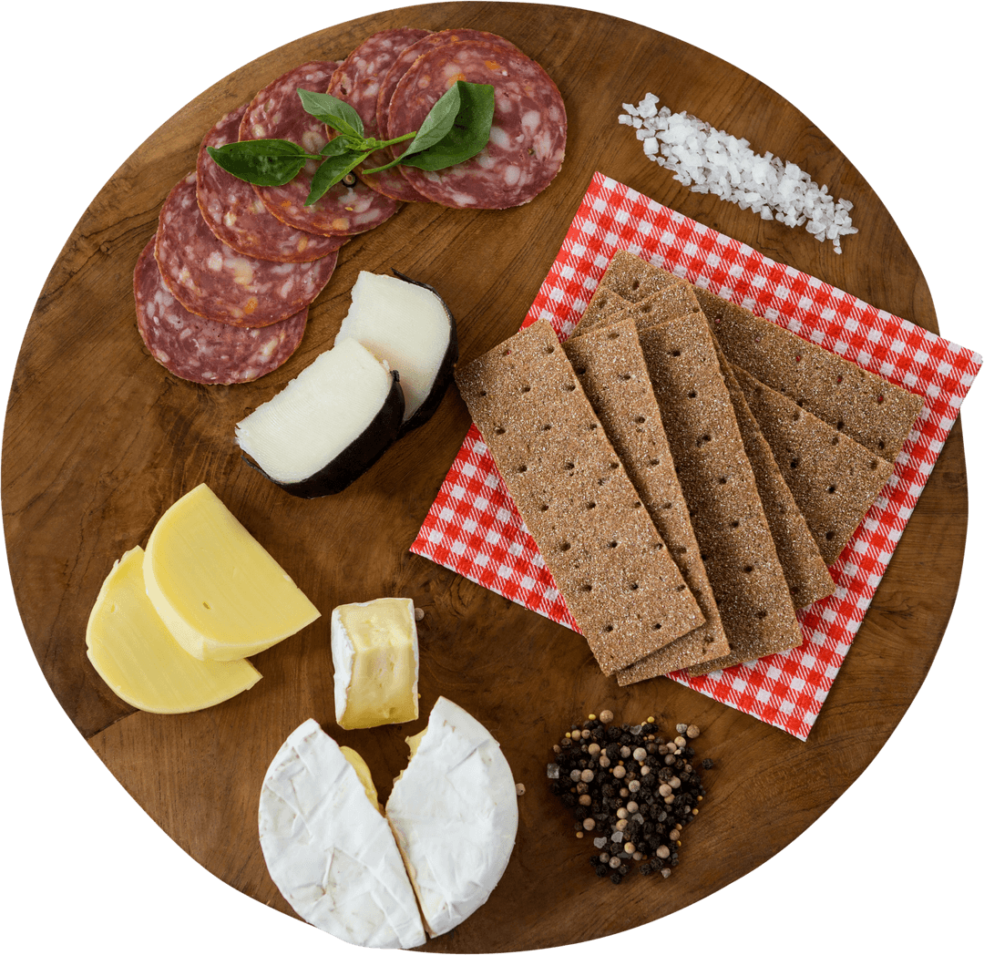 Assortment of Cheeses and Meats on Transparent Chopping Board