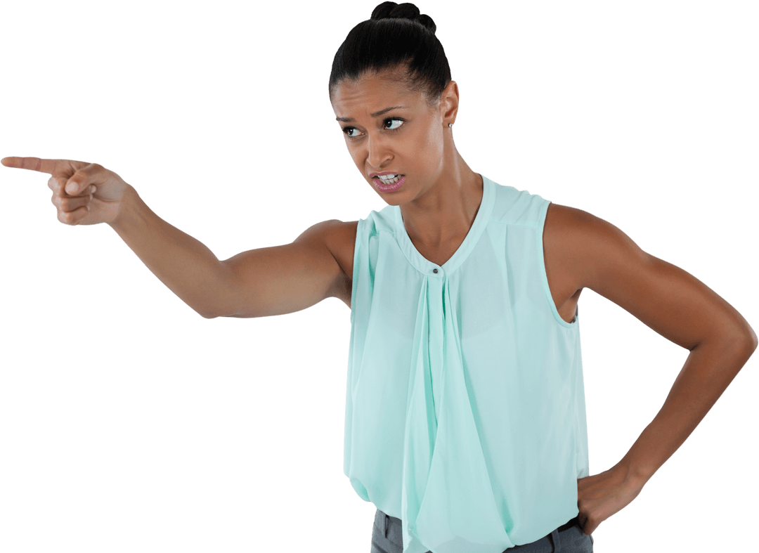 Serious Woman Pointing Gesture on Transparent Background