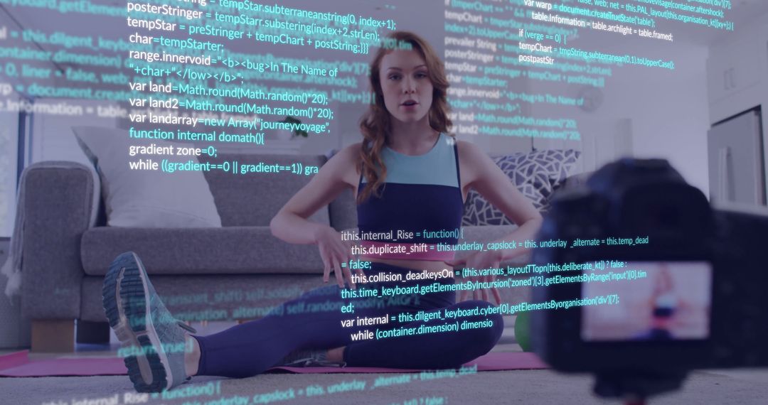 Fitness Influencer Filming Workout Video with Digital Coding Overlay