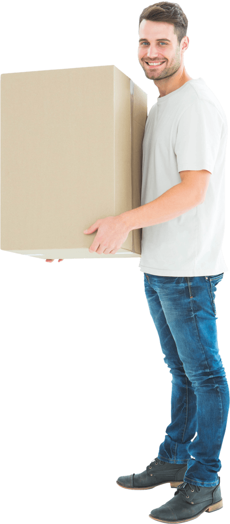 Transparent Background: Smiling Delivery Man Carrying Cardboard Box