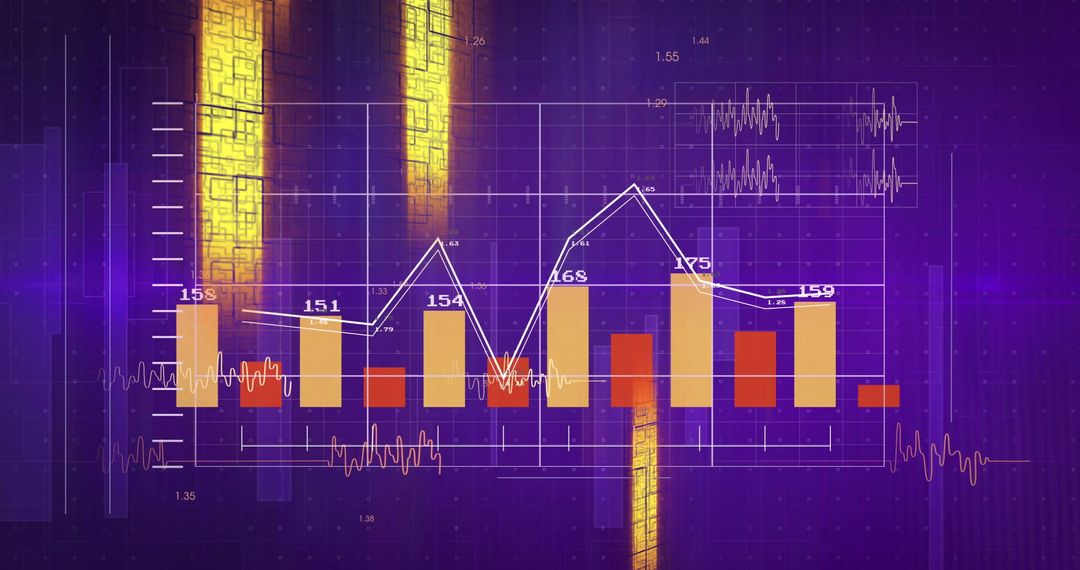 Futuristic Digital Analytics Display with Bar and Line Charts
